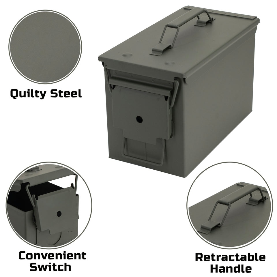 New Premium Quality Steel Metal Ammo Case Can Set 50 Caliber, Traditional Military Green, Waterproof Ammo, Steel Holder Shotgun Rifle Nerf Gun Ammo Storage Box, Durable Air and Water Tight,