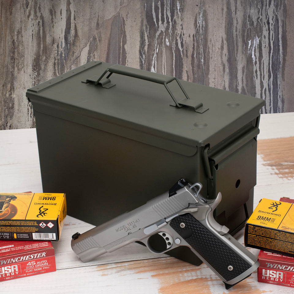 New Premium Quality Steel Metal Ammo Case Can Set 50 Caliber, Traditional Military Green, Waterproof Ammo, Steel Holder Shotgun Rifle Nerf Gun Ammo Storage Box, Durable Air and Water Tight,